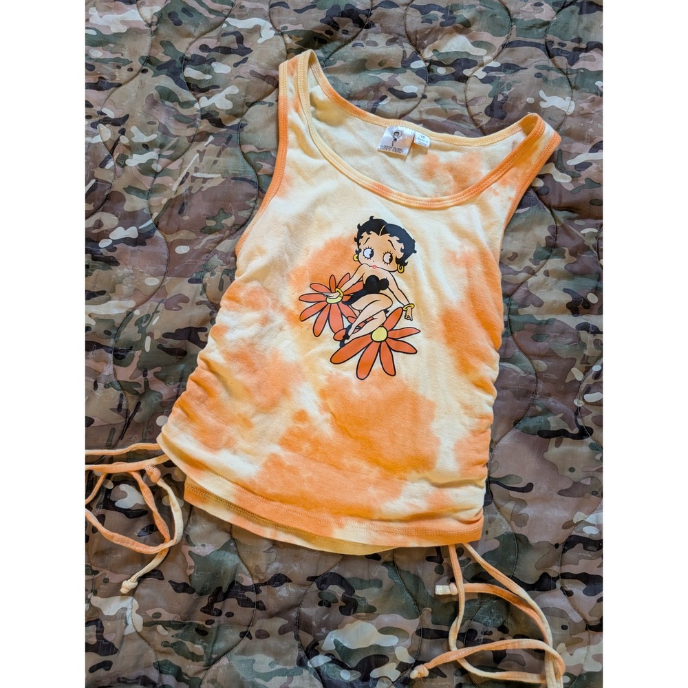 Betty‎ Boop Tie Dye Tank Top Orange Yellow Ruched Sides Drawstring Crop Y2K